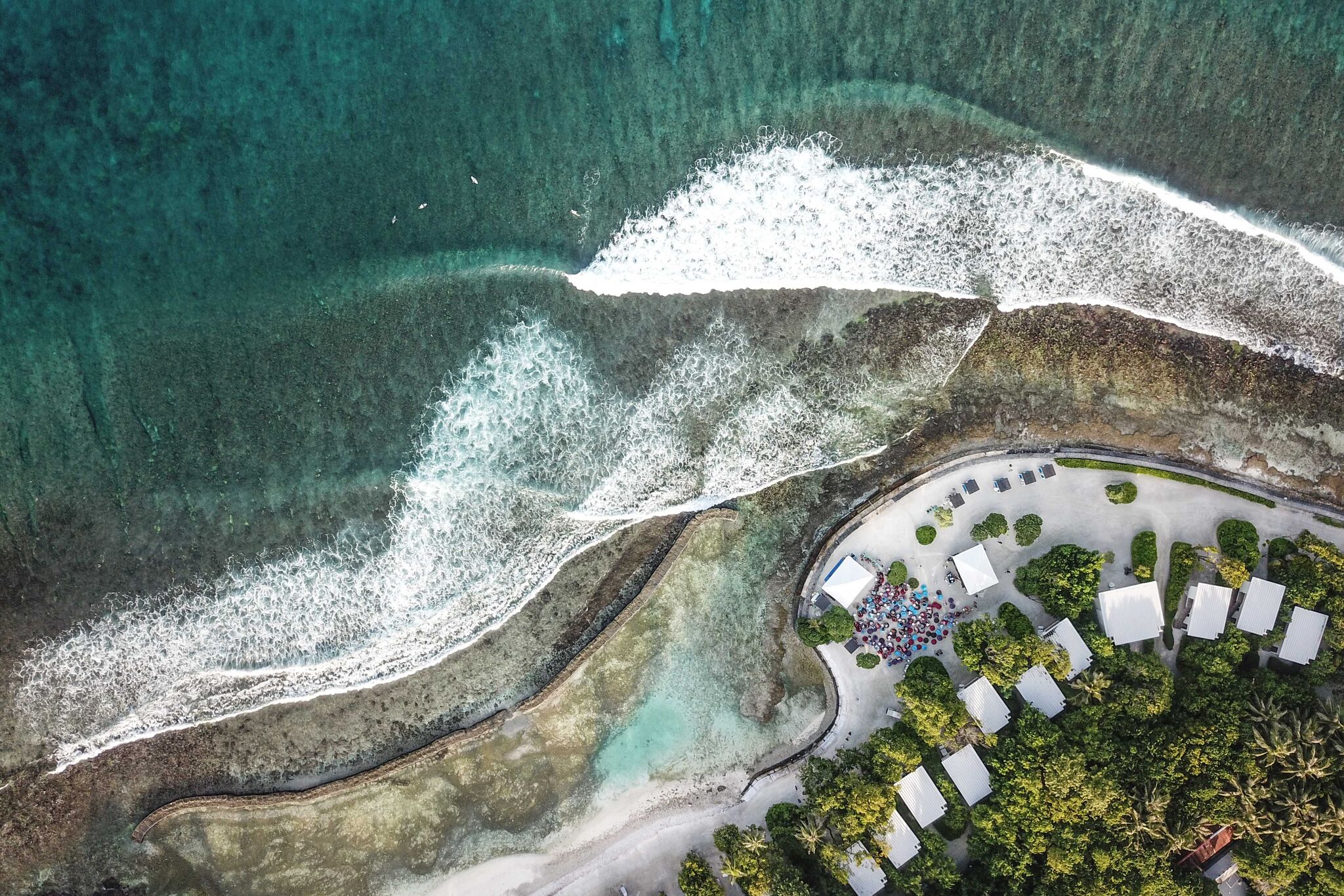 Drone perspective of Kandooma Right during “Surf Music In Paradise” week. Photo - Andy Potts C/O The Perfect Wave.