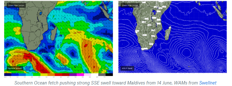 Southern Ocean fetch pushing strong SSE swell toward Maldives from 14 June, WAMs from Swellnet