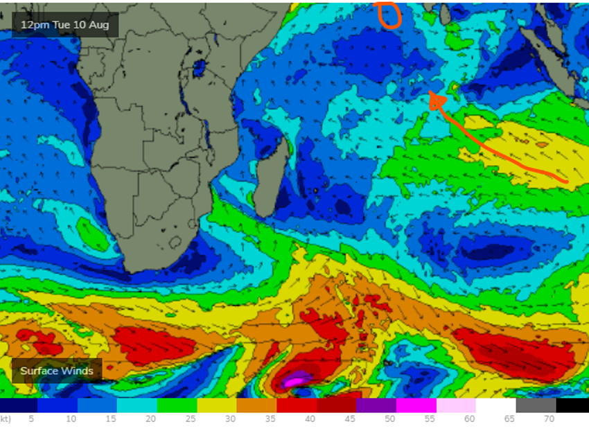 SE Trade winds below the equator push consistent SE swell toward the Maldives in Mid August WAMs from Swellnet