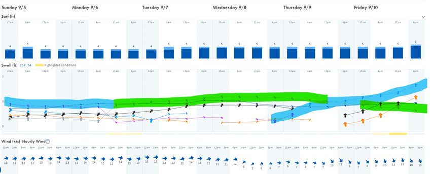 Blue line - South swell, Green line, SE swell. Light offshore westerly winds until 9th Sept. Marked up Surfline forecast for Male Atolls