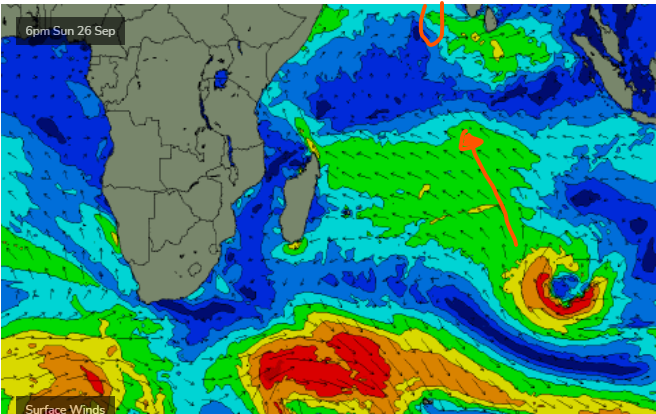 Marked up Indian Ocean Surface Winds - from Swellnet WAMs