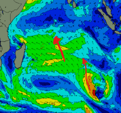 Marked up Swellnet WAM for 14 June showing both SE trade winds and Cut off Indian Ocean low driving SSE swell towards the Maldives