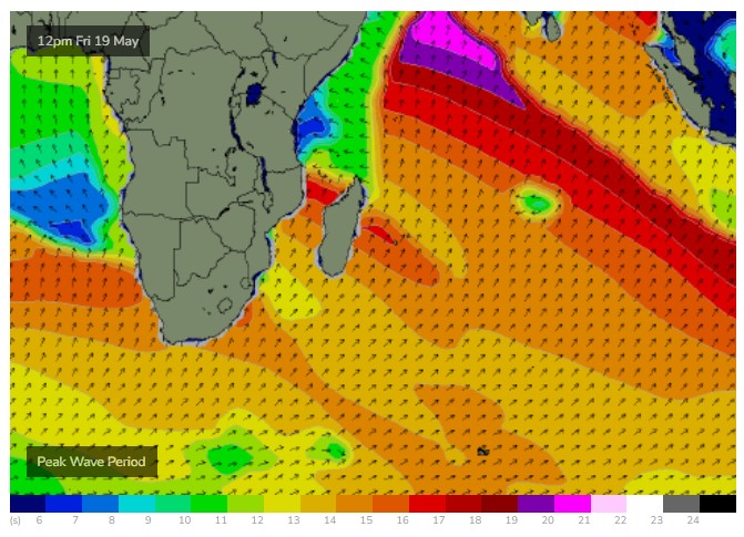 Long period (20 seconds) SW groundswell expected to reach Maldives around 19th/20th May 2023. WAM from Swellnet